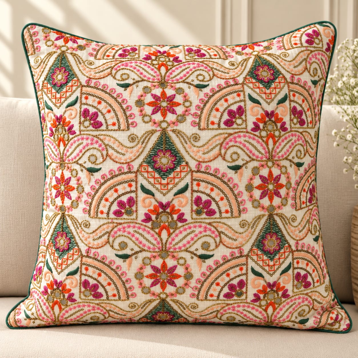 Raha Mirror Multicoloured Embroidered Cushion Cover - Set of 5 covers