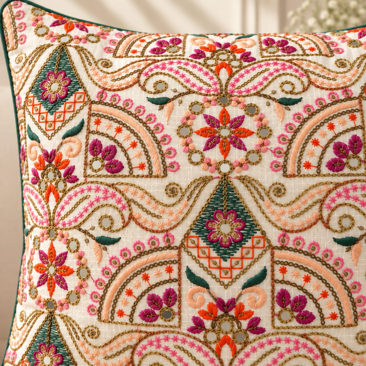 Raha Mirror Multicoloured Embroidered Cushion Cover - Set of 5 covers - Image 2